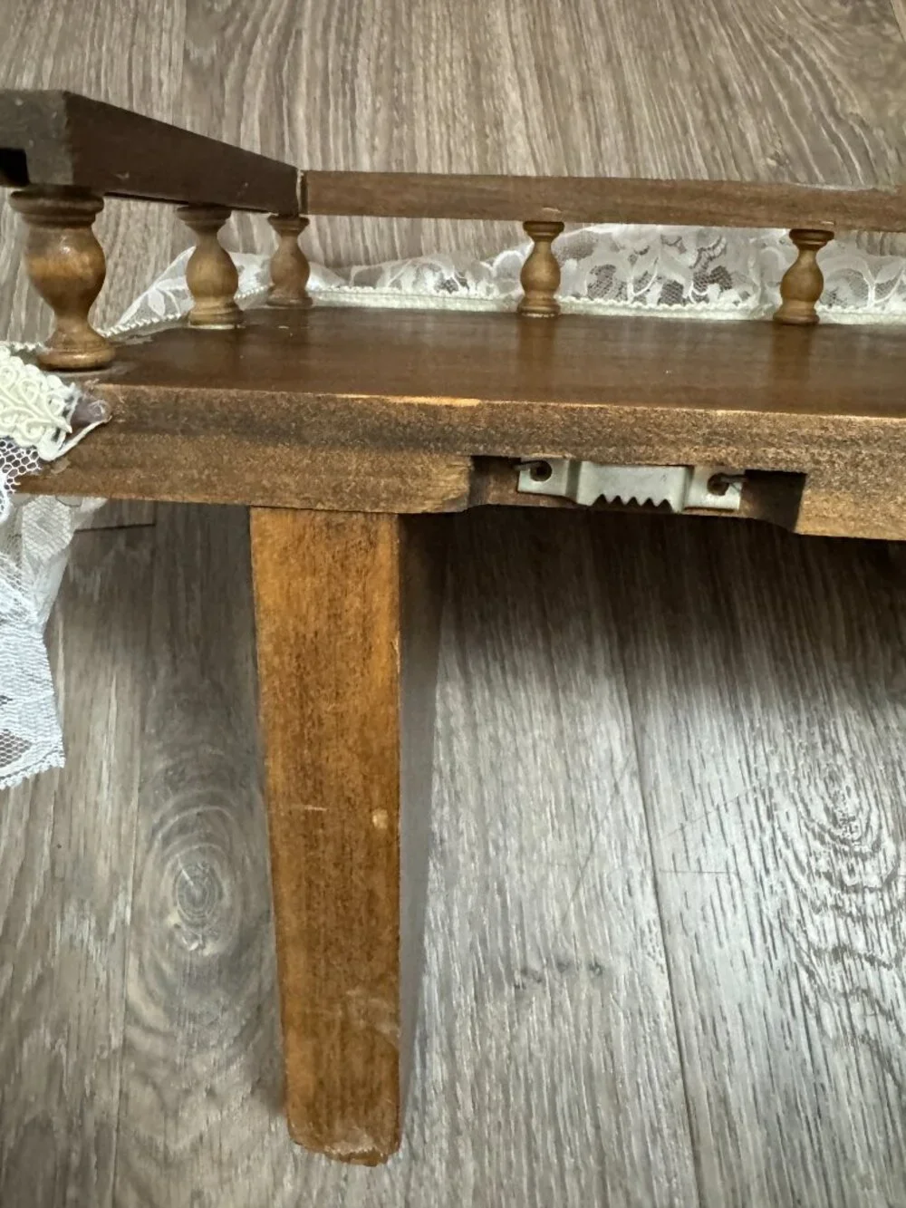 Vintage Farmhouse Wooden Wall Shelf with Lace Trim Cottage Chic Display Shelf